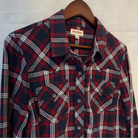 True Religion Collared Western Pocket Red Blue Plaid button up women Shirt large - Picture 13 of 16